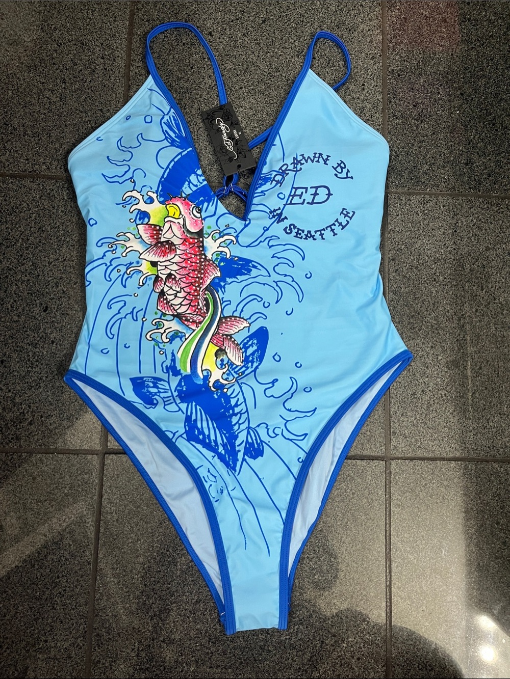 Ed Hardy Blue Graphic One-Piece Swimsuit STUNNING